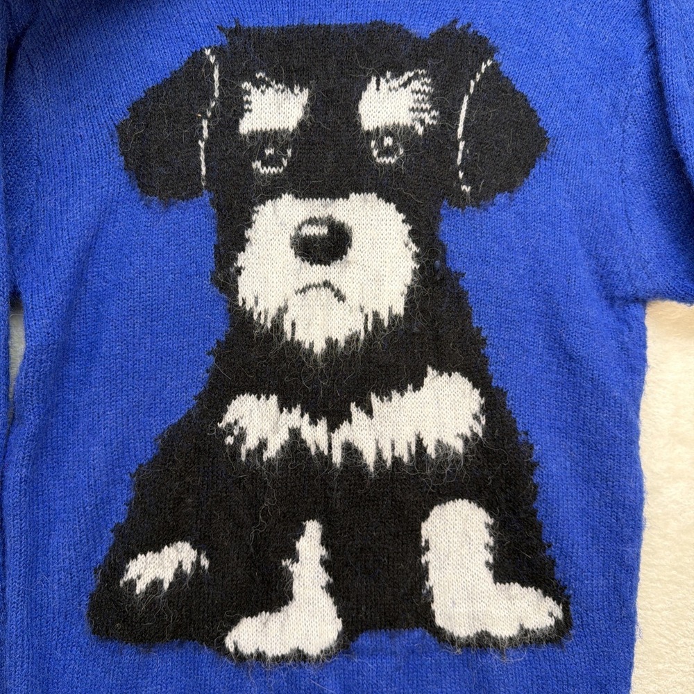 Oxknit Blue Schnauzer Graphic Sweater Women's Small Fuzzy Puppy Knit Cute